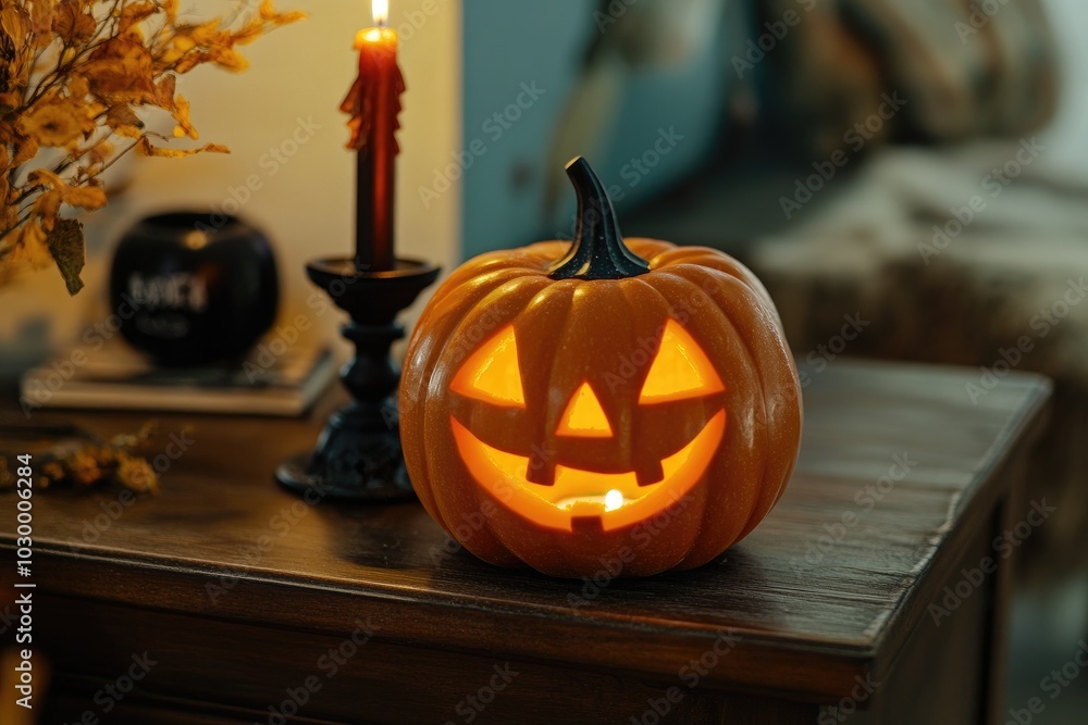 Lit Jack-o'-Lantern on a Wooden Table with a Candle in the Background Lit Jack-o'-Lantern on a Wooden Table with a Candle in the Background