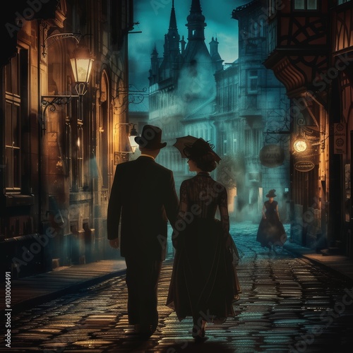 Vintage Couple Walking, Night City Street, 1920s Elegant Woman and Man in Old Historical Town