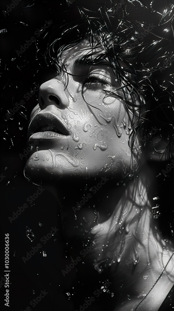 Black and White Portrait with Water Drops Black and White Portrait with Water Drops