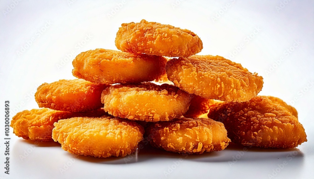 Crispy chicken nuggets arranged in various stacks and positions on a white background Crispy chicken nuggets arranged in various stacks and positions on a white background