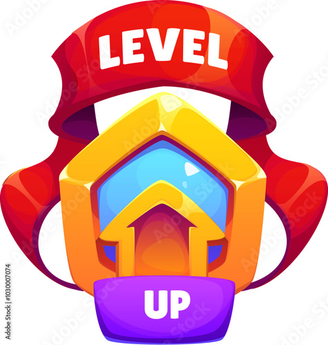 Level up game reward, rate icon for gaming interfaces and platforms. Cartoon vector pop up badge features arrow on golden shield with red ribbon, symbolizing progress, achievement player and rewards