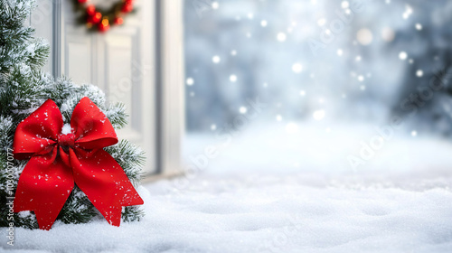 Festive red bow adorns snow covered evergreen branch, creating cheerful holiday scene with blurred snowy background.