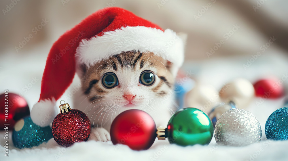 Cute kitten wearing Santa hat is surrounded by colorful Christmas ornaments Cute kitten wearing Santa hat is surrounded by colorful Christmas ornaments