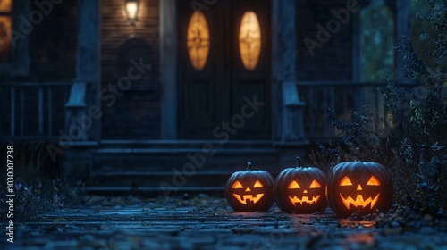 Charming halloween scene with glowing jack-o'-lanterns on a spooky evening in front of an enchanting house