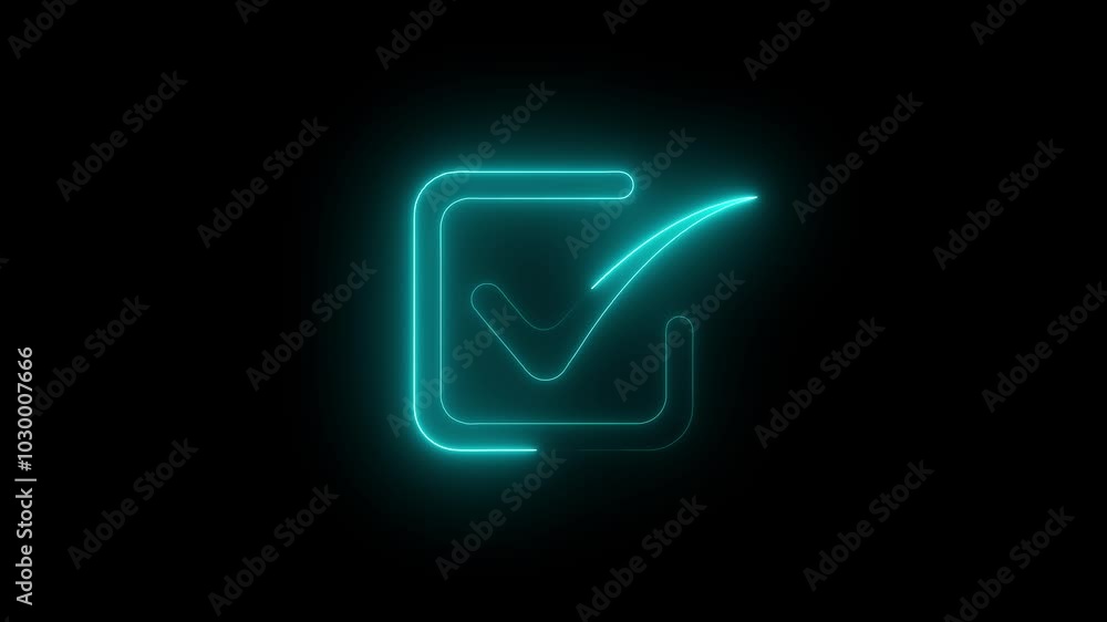 Glowing cyan color neon check mark icon animation on black background.4k video animation check mark. Glowing cyan color neon check mark icon animation on black background.4k video animation check mark.