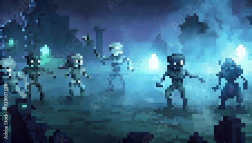 Zombies and skeletons emerging from fog at night pixel art background. 8-bit game assets