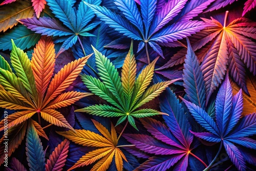 A striking array of colorful cannabis leaf silhouettes forms psychedelic visuals, combining bold hues and dynamic patterns. An artistic representation that stimulates creativity and imagination. photo