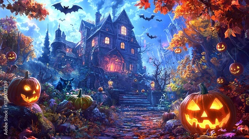 A spooky halloween night enchanting pumpkin decorations eerie bats and a hauntingly beautiful mansion under the moonlight
