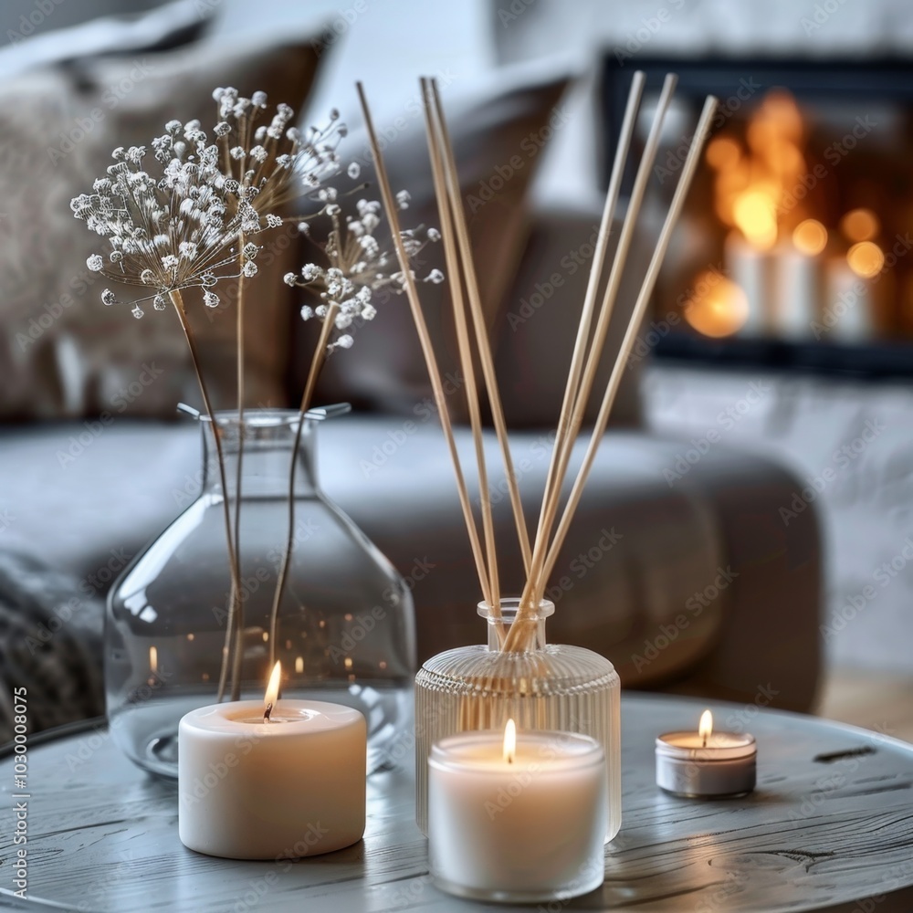 Room Scent, Fragrance Sticks, Aromatic Candles, Air Reed Freshener on Table in Living Room Room Scent, Fragrance Sticks, Aromatic Candles, Air Reed Freshener on Table in Living Room