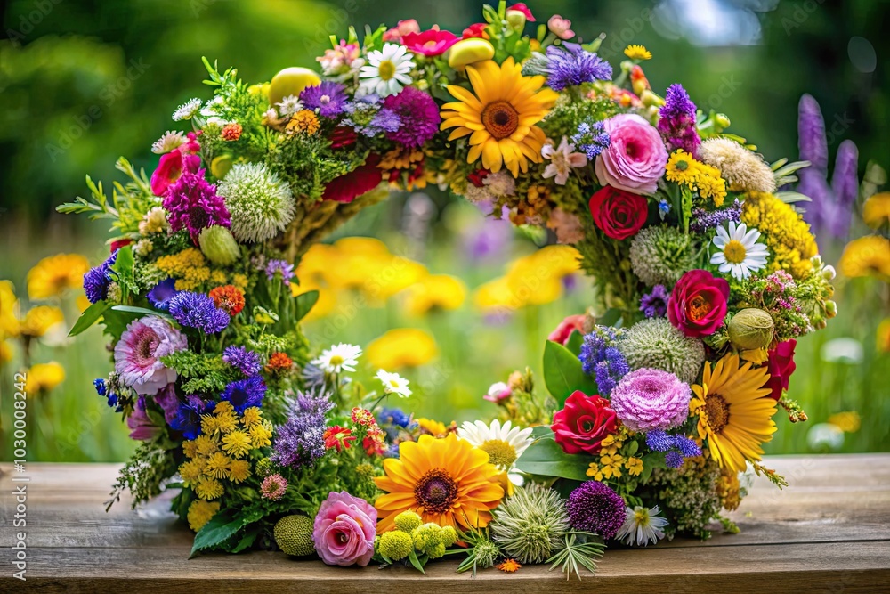 A stunning flower crown featuring an array of colorful wildflowers surrounded by lush greenery, ideal for nature enthusiasts and lovers of floral design. Celebrate nature's artistry! A stunning flower crown featuring an array of colorful wildflowers surrounded by lush greenery, ideal for nature enthusiasts and lovers of floral design. Celebrate nature's artistry!
