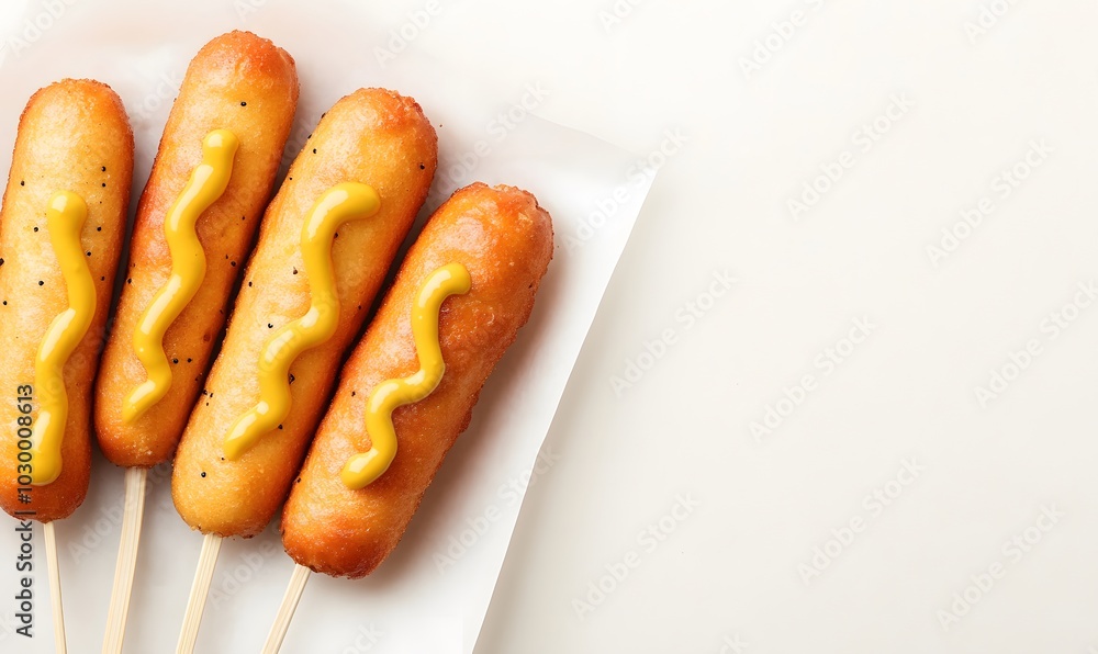 Delicious homemade corn dogs served with ketchup and mustard, Generative AI Delicious homemade corn dogs served with ketchup and mustard, Generative AI
