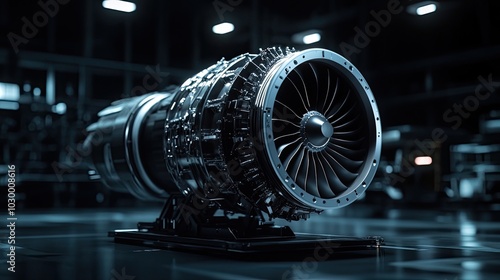 A close-up shot of a jet engine. The engine is a powerful piece of machinery that propels airplanes through the air.