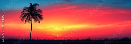 A pink and orange sunset sky silhouettes a lone palm tree, ideal for tropical travel themes.