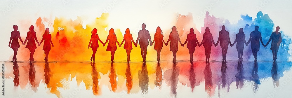 A watercolor illustration shows people holding hands, walking towards the viewer. A watercolor illustration shows people holding hands, walking towards the viewer.