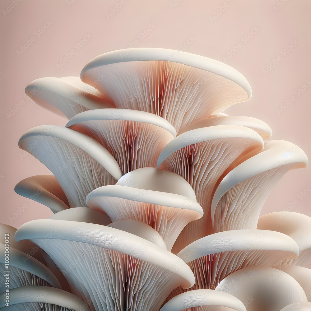 A close-up of white oyster mushrooms. A close-up of white oyster mushrooms.