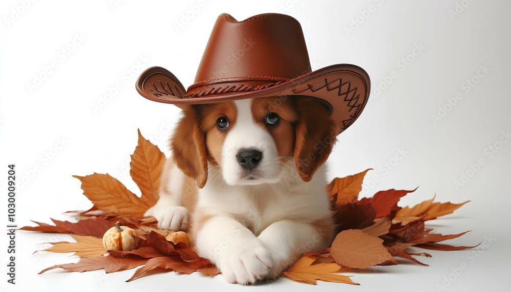 Dog wearing cowboy hat and autumn leaves Dog wearing cowboy hat and autumn leaves