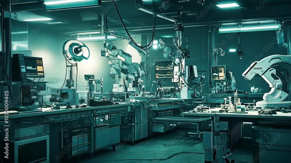 A futuristic laboratory with multiple robotic arms and advanced equipment in the late evening A futuristic laboratory with multiple robotic arms and advanced equipment in the late evening