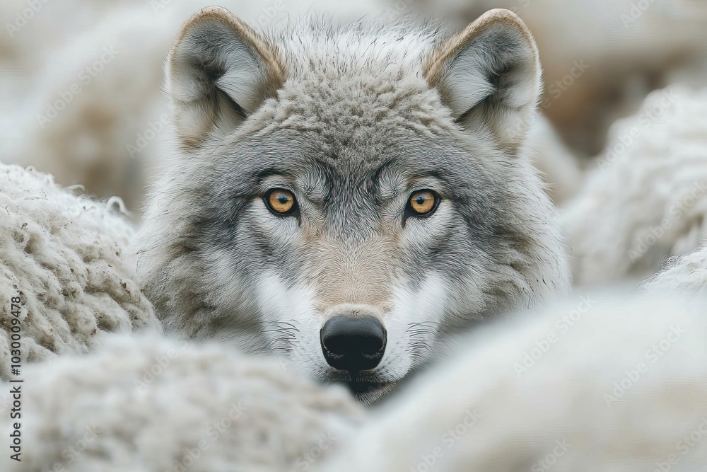 Fototapeta premium A wolf camouflages among sheep.