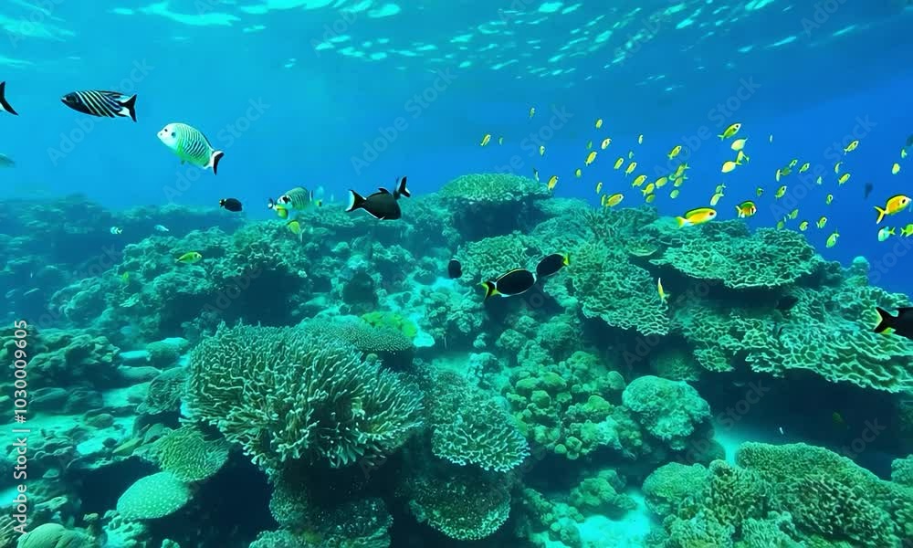 High angle, Dynamic motion: The camera flies over a coral reef, capturing the vibrant colors and diverse marine life. High angle, Dynamic motion: The camera flies over a coral reef, capturing the vibrant colors and diverse marine life.