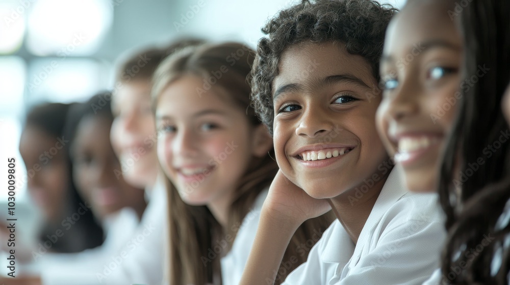 Close-up of a Group of School Children, smiling faces and diverse expressions during a collaborative project