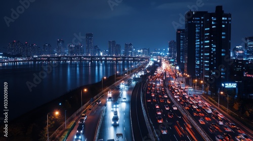 Wallpaper Mural A long exposure shot of a highway with cars driving past at night in a busy city, with tall buildings and a river in the background. Torontodigital.ca