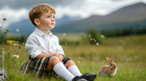 Canadian little boy wearing scotland kilt playing with rabbit in highland photo