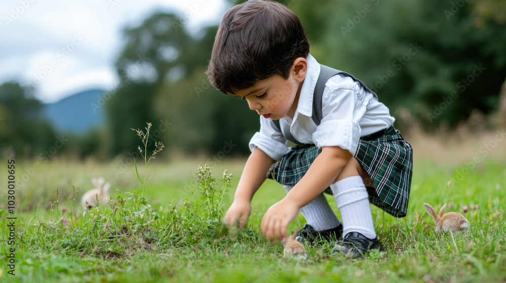 Hispanic little boy wearing scotland kilt playing with rabbit in highland Hispanic little boy wearing scotland kilt playing with rabbit in highland