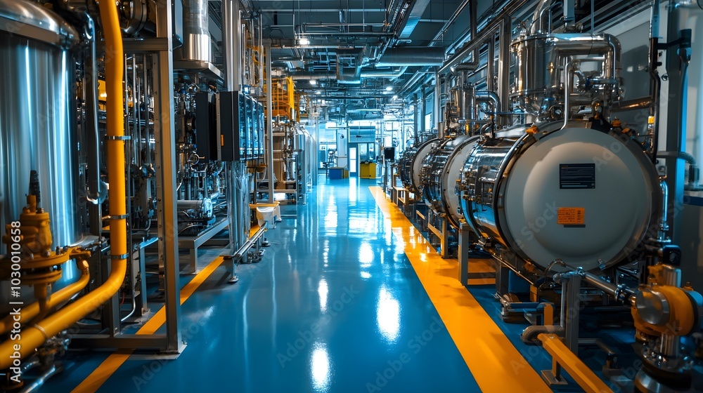A yellow gas tank is on a conveyor belt in a factory. The tanks are yellow and are lined up in a row A yellow gas tank is on a conveyor belt in a factory. The tanks are yellow and are lined up in a row