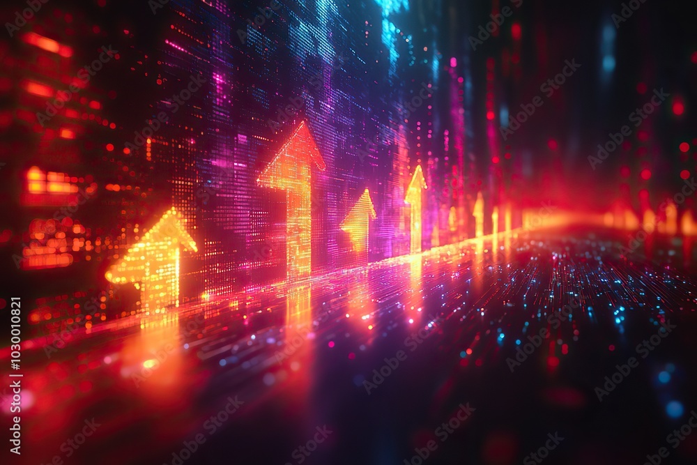 Obraz premium Glowing arrows on a digital background depict growth in business or technology.