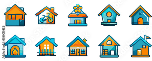 Set of 10 house icons with flower, bicycle, fireplace and more, minimalist design, transparent background