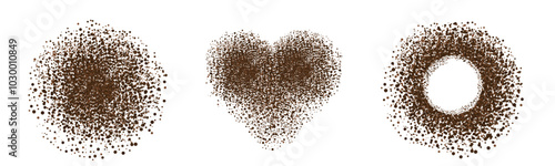 Set Coffee ground speckles powder, cocoa top view. Grainy bean with particles textured stain. Brown chocolate dust. grains and granules shape