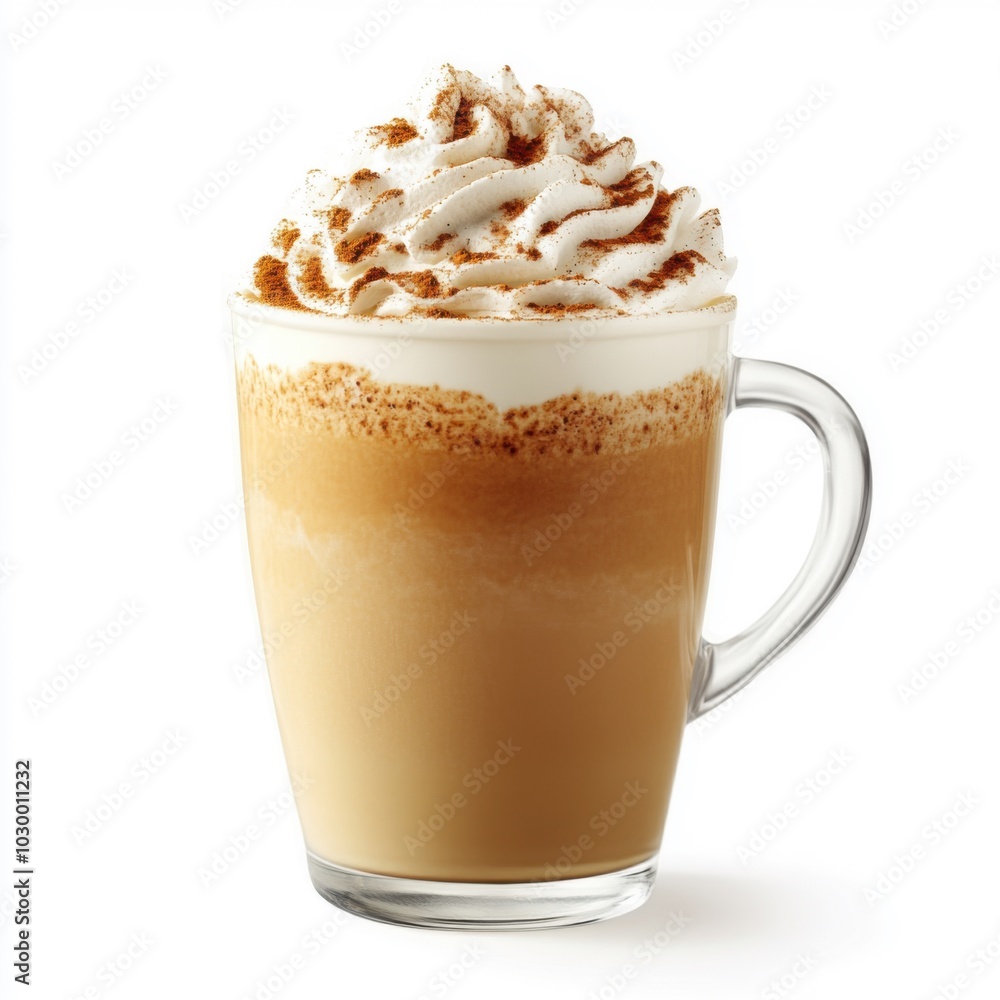 Cozy autumn beverage: pumpkin spice latte with whipped cream on white background Cozy autumn beverage: pumpkin spice latte with whipped cream on white background