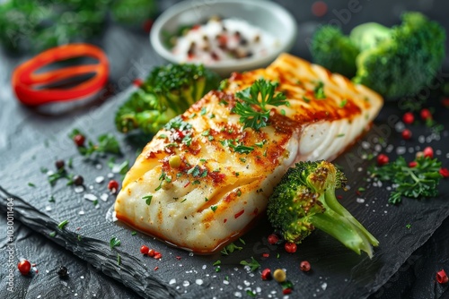 Baked Halibut Fillet and Broccoli Top View. Grilled Flatfish or Sole Fish on Natural Black Stone Background photo