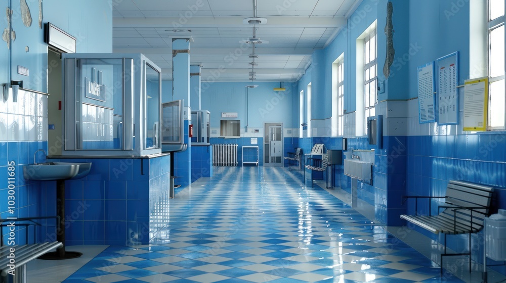 Blue Tiled Hallway with Wet Checkered Floor and Benches Blue Tiled Hallway with Wet Checkered Floor and Benches