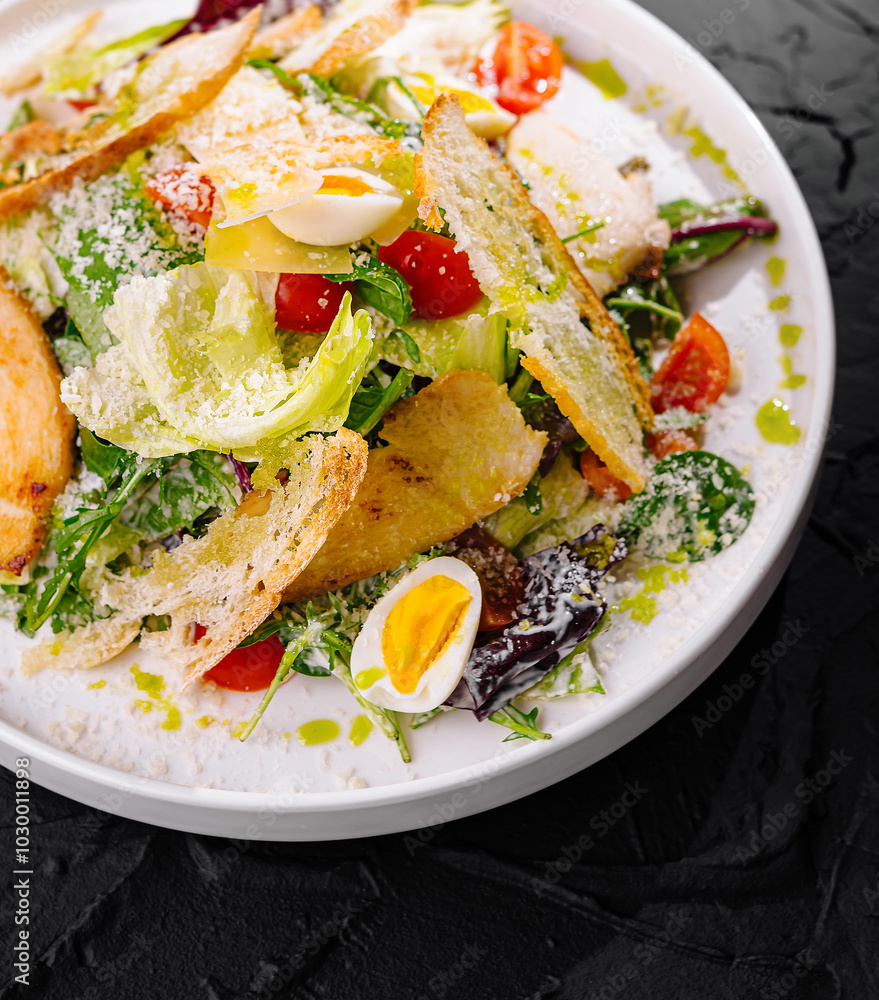 Fresh caesar salad on dark background Fresh caesar salad on dark background