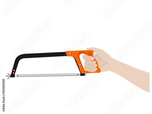 Hand holding a hacksaw on a white background.
