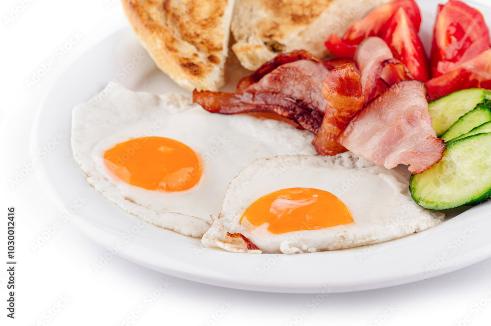 Delicious breakfast plate offering fried eggs and bacon with vegetables and toast Delicious breakfast plate offering fried eggs and bacon with vegetables and toast