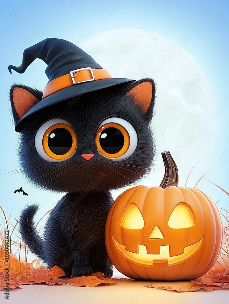 Cute Black Cat in Witch Hat Next to Pumpkin Cute Black Cat in Witch Hat Next to Pumpkin