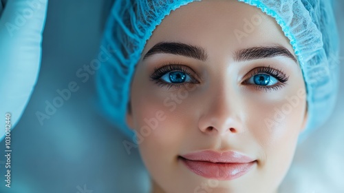 A Confident Gaze: A young woman, wearing a surgical cap, looks directly at the camera with a serene and confident expression, showcasing her trust in medical professionals.