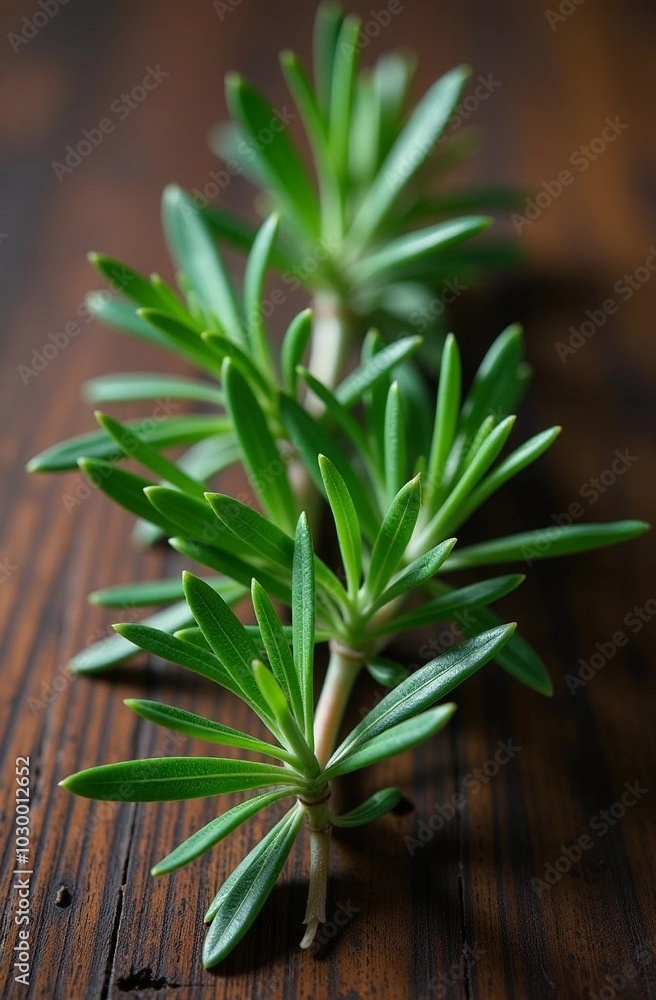 a sprig of green rosemary of fresh spice on a wooden background close-up a sprig of green rosemary of fresh spice on a wooden background close-up