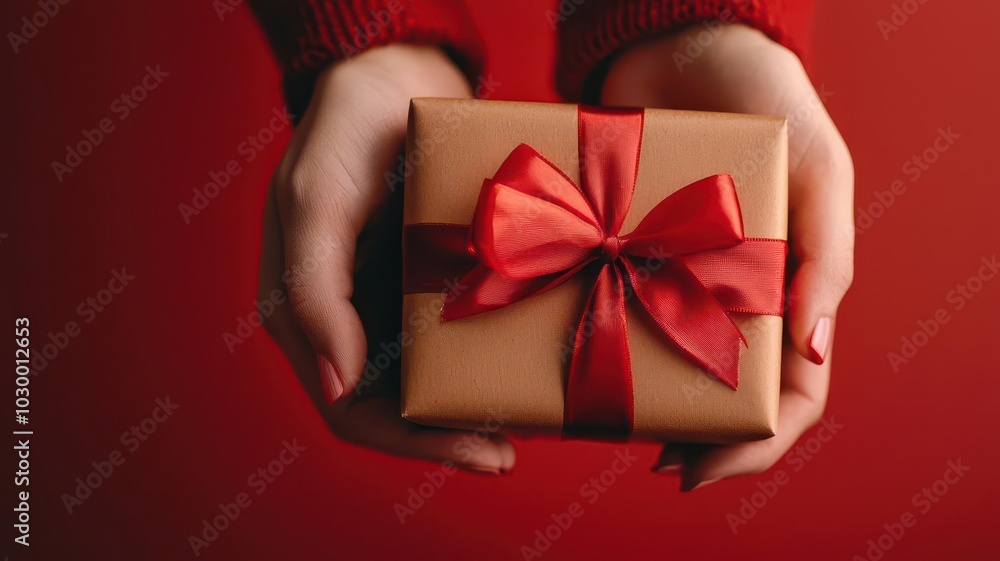 Closeup of hands holding Christmas gifts with red ribbons, gift preparation for the holiday season Closeup of hands holding Christmas gifts with red ribbons, gift preparation for the holiday season