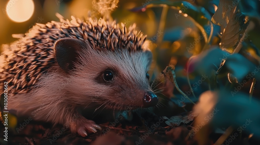 Fototapeta premium Tiny Hedgehog Exploring a Garden at Night