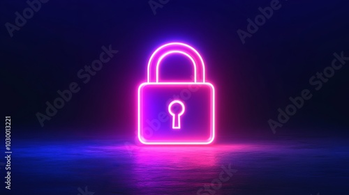 Glowing neon lock icon, vivid padlock outline. Protects personal data, ensures cyber security, and offers reliable storage solutions. Icon set, sign, pictogram. 