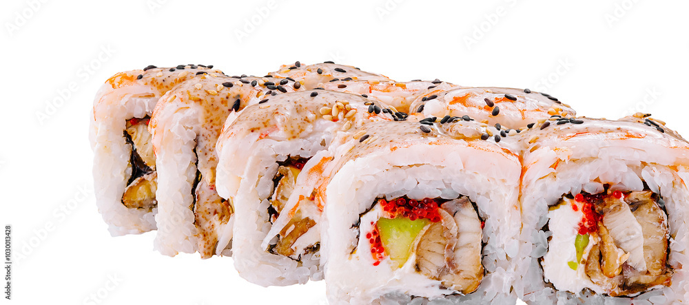Sushi rolls containing eel, shrimp, sesame seeds, and cream cheese standing in a row Sushi rolls containing eel, shrimp, sesame seeds, and cream cheese standing in a row