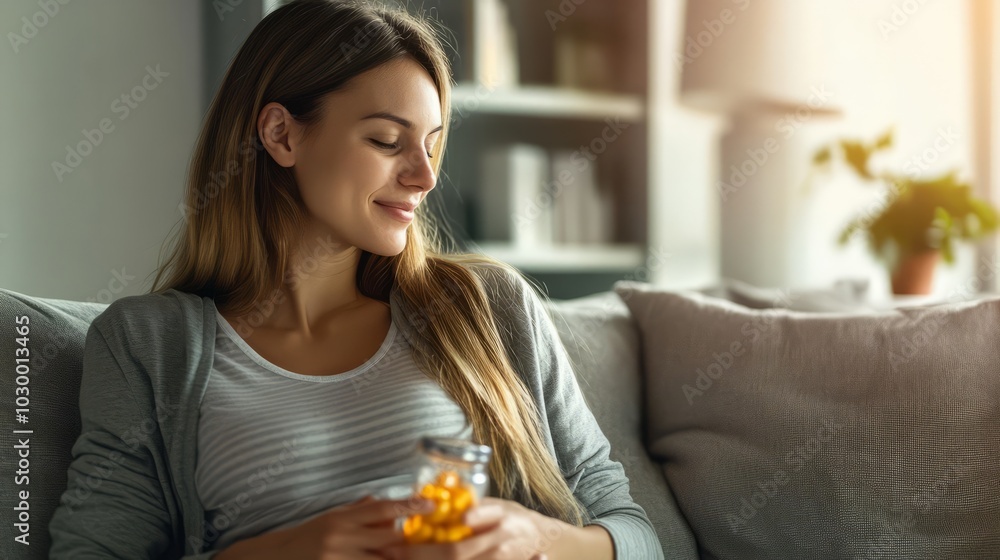 Peaceful Moment of Self-Care: A serene young woman finds tranquility on her sofa, gently holding a jar of supplements, embodying wellness and inner peace.  