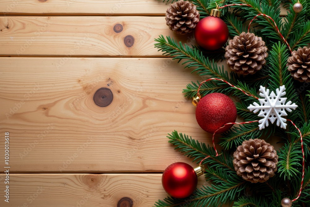 Christmas greeting card with New Year symbol and decoration. Xmas wooden background with copy space. Festive mockup design with pine branch and gift boxes Christmas greeting card with New Year symbol and decoration. Xmas wooden background with copy space. Festive mockup design with pine branch and gift boxes