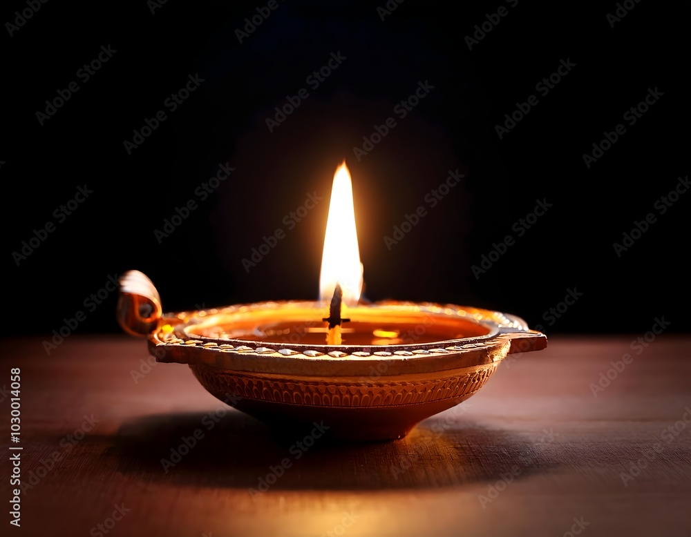 A symbol of hope and prosperity: A golden diya with a single lit flame shines brightly A symbol of hope and prosperity: A golden diya with a single lit flame shines brightly