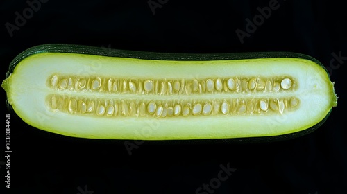 Sliced Zucchini Halved Lengthwise on Dark Background photo