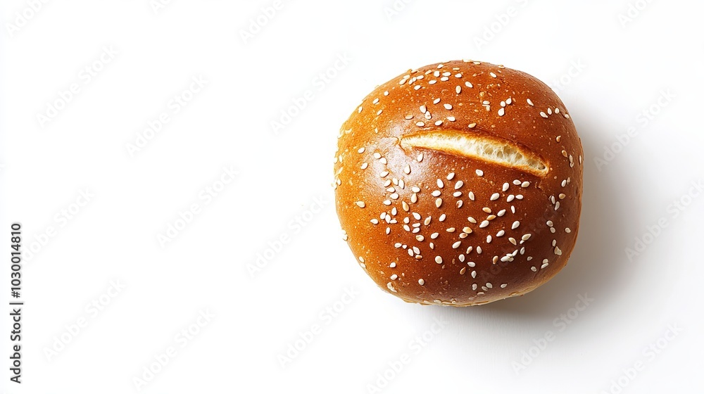 Golden-brown hamburger bun with sesame seeds, photographed from above on a white background, showcasing its freshly baked appearance. Golden-brown hamburger bun with sesame seeds, photographed from above on a white background, showcasing its freshly baked appearance.