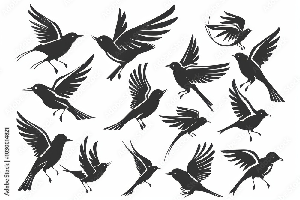 Bird icon set, black and white silhouettes, sparrow symbols, bird sign collection, graffiti spray Bird icon set, black and white silhouettes, sparrow symbols, bird sign collection, graffiti spray